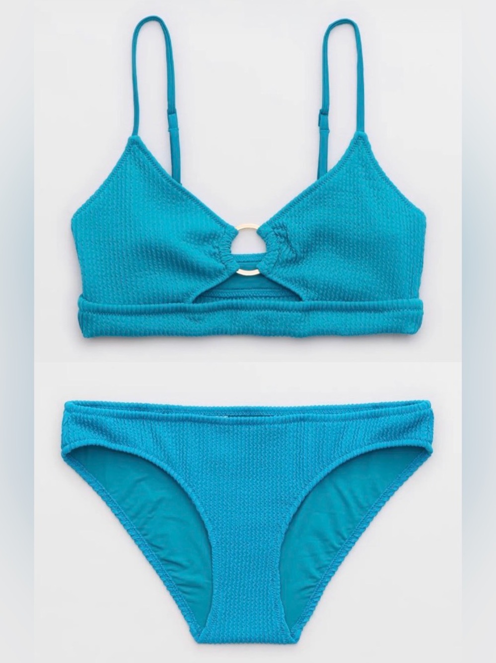 NWT Aerie FULL SET Crinkle Scoop Cutout Top + Full Coverage Bottom Blue - Sz L